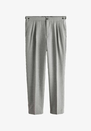 Gray checkered trousers with a textured fabric, featuring pleats, two front pockets, and a buttoned waist closure.