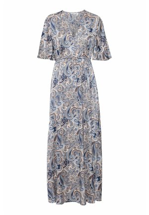 Maxi haljina s paisley uzorkom u plavoj, bež i bijeloj boji. Kratki, široki rukavi, struk s remenom i lepršava suknja. Meka tekstura tkanine.