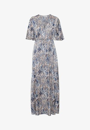 Maxi haljina s paisley uzorkom u plavoj, bež i bijeloj boji. Kratki, široki rukavi, struk s remenom i lepršava suknja. Meka tekstura tkanine.