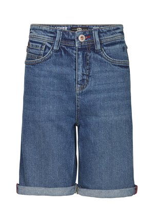 Jeansshorts in mittlerem Blau mit geradem Schnitt, ausgestattet mit einem klassischen Fünf-Taschen-Design und umgeschlagenen Säumen. Metallknopf- und Reißverschlussverschluss.