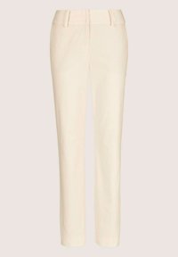 Crème-kleurige straight-leg broeken met een subtiel verticaal streepjespatroon, een textuurstof en een platte tailleband.