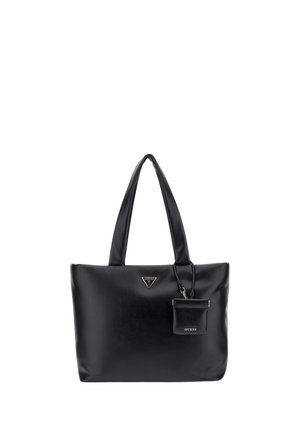 Borsa tote Guess in pelle nera con doppi manici e pochette piccola allegata, con il logo triangolare in metallo del marchio sul davanti.