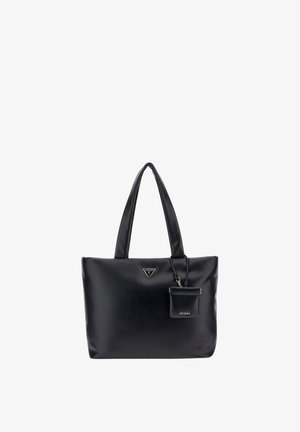 Borsa tote Guess in pelle nera con doppi manici e pochette piccola allegata, con il logo triangolare in metallo del marchio sul davanti.