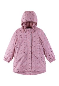 Rosa wasserdichte Jacke mit Kapuze, ausgestattet mit verschiedenen Punktmustern in verschiedenen Rosa- und Brauntönen, elastischen Bündchen und zwei Fronttaschen.