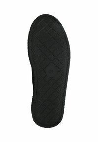 Suela de zapato de goma negra con un patrón geométrico texturizado. Logotipo circular cerca del talón y bordes reforzados para mayor durabilidad.