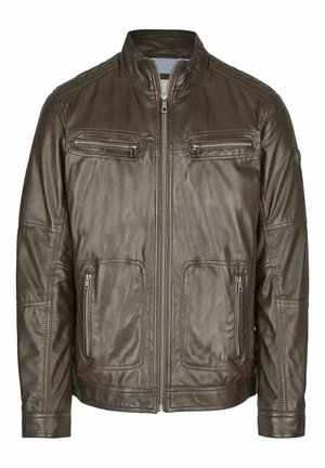 Brahno usnjeno jakno z dvignjenim ovratnikom, sprednjim zadrgo, dvema zadrgama na prsih in dvema spodnjima žepoma. Ima šivane detajle.