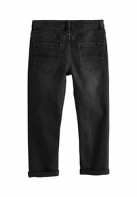 Jean denim noir avec une coupe droite, revers roulés, deux poches arrière, et des détails de couture minimalistes, présentant une texture lisse.