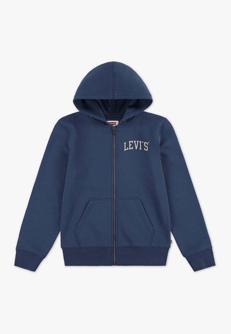 Mörkblå zip-up hoodie med känguruficka, ribbade ärmslut och huva med dragsko. Har "LEVI'S" logotyp i krämfärgad text på bröstet.
