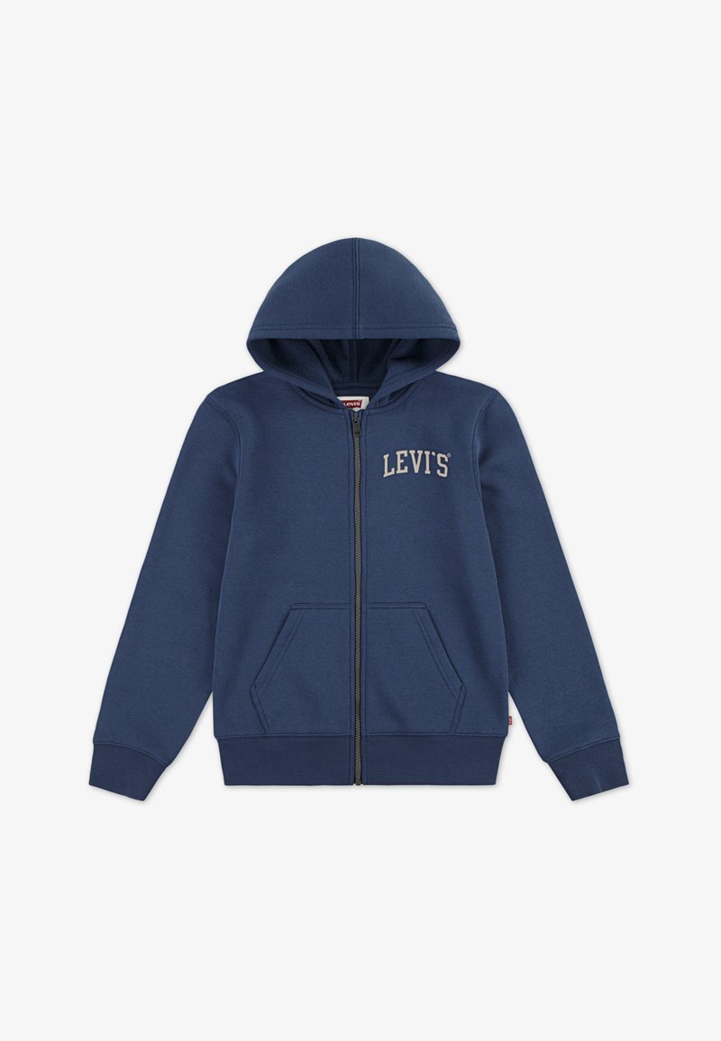 Sudadera con cremallera de color azul marino, con un bolsillo tipo canguro, puños acanalados y capucha con cordón. Presenta el logo "LEVI'S" en letras color crema en el pecho.