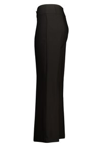 Mustat leveät housut, joissa on sileä pinta, korkea vyötärö ja istuva malli. Ominaisuuksiin kuuluu siistit linjat ja ei näkyvää metalliosaa.