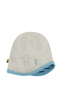 Lichtbeige katoenen babyhoed met een blauw zeepaardjesprint en een blauwe rand. Kenmerkt zich door een zachte, gezellige textuur en een ronde vorm.