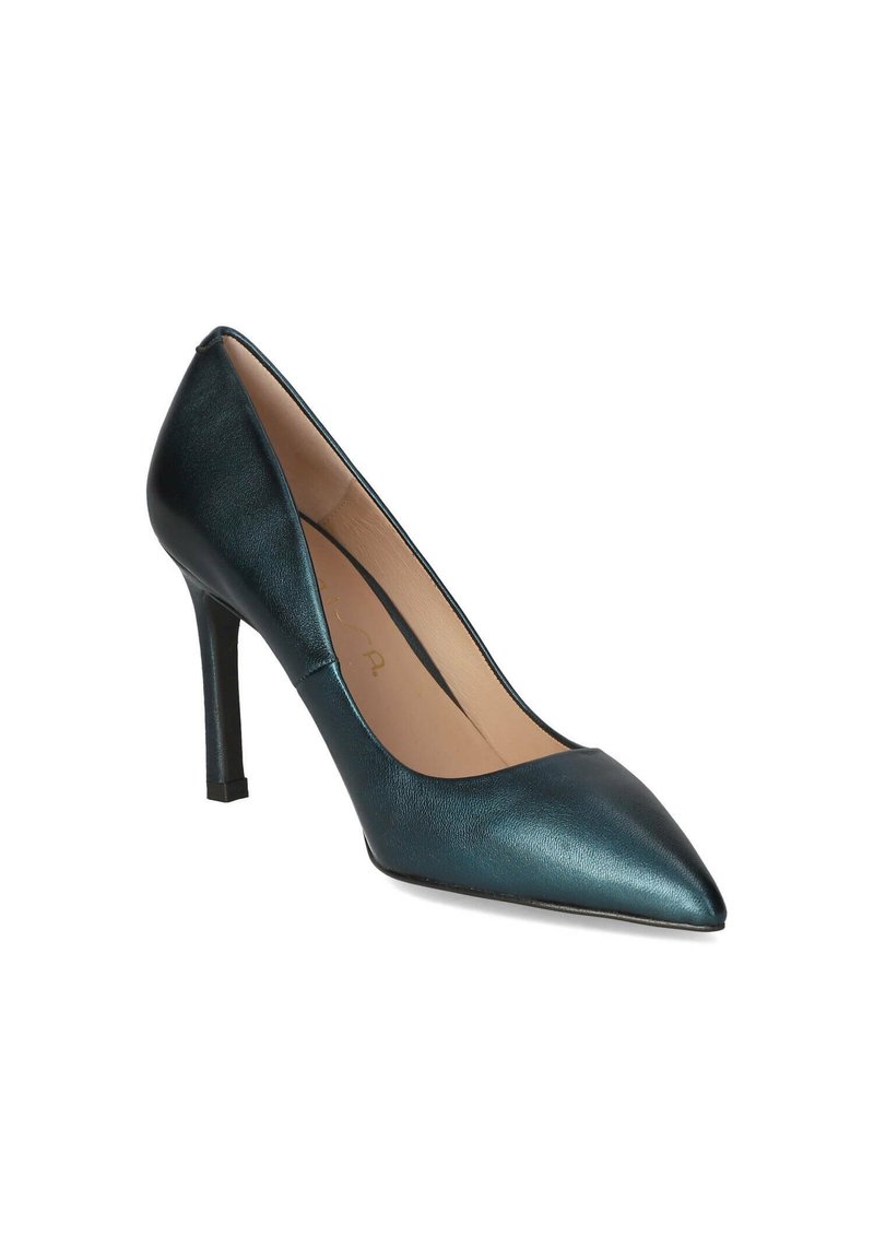 Teal lakierowane szpilki z ostrym noskiem, smukłym obcasem i gładką teksturą. Wnętrze zawiera jasnobeżową wkładkę.
