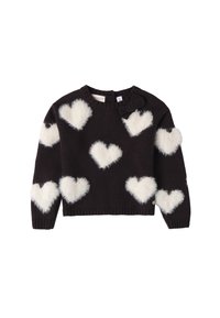 Maglione nero con motivi a cuore bianchi e soffici. Presenta un collo tondo e un piccolo fiocco nero decorativo sulla spalla. Orlo e polsini a costine.
