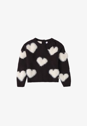 Maglione nero con motivi a cuore bianchi e soffici. Presenta un collo tondo e un piccolo fiocco nero decorativo sulla spalla. Orlo e polsini a costine.