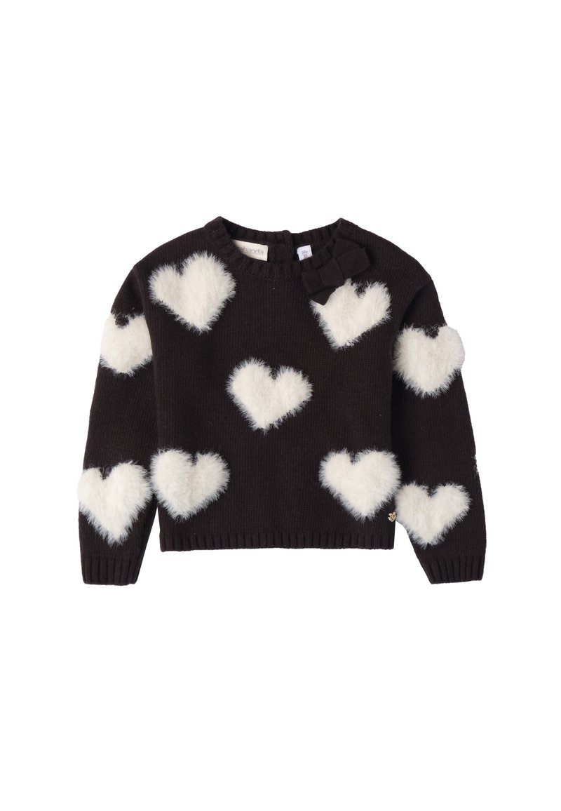 Maglione nero con motivi a cuore bianchi e soffici. Presenta un collo tondo e un piccolo fiocco nero decorativo sulla spalla. Orlo e polsini a costine.
