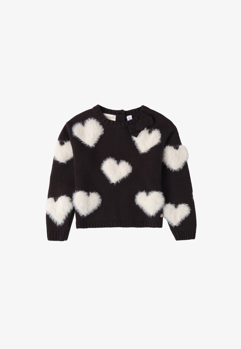 Maglione nero con motivi a cuore bianchi e soffici. Presenta un collo tondo e un piccolo fiocco nero decorativo sulla spalla. Orlo e polsini a costine.