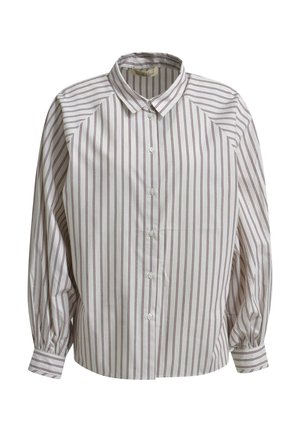 White long-sleeve button-up shirt with thin vertical purple stripes and a classic collar, featuring buttoned cuffs.