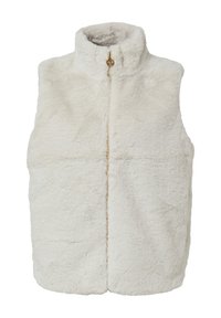 Faux-Fur-Weste in Creme mit hohem Kragen, vorderem Reißverschluss und goldenen Beschlägen. Weiche Textur mit nahtlosem Design.