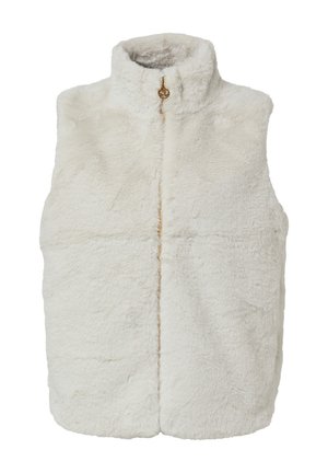Faux-Fur-Weste in Creme mit hohem Kragen, vorderem Reißverschluss und goldenen Beschlägen. Weiche Textur mit nahtlosem Design.