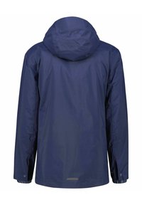 Navy wasserfeste Jacke mit Kapuze, langen Ärmeln, verstellbaren Bündchen und reflektierenden Details auf dem Rücken. Glattes, leichtes Material.
