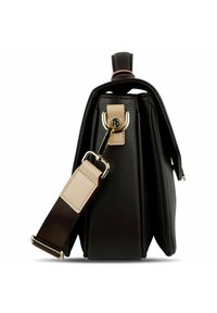 Black leather handbag with structured shape, featuring a gold hardware clasp and a detachable fabric strap with beige accents.