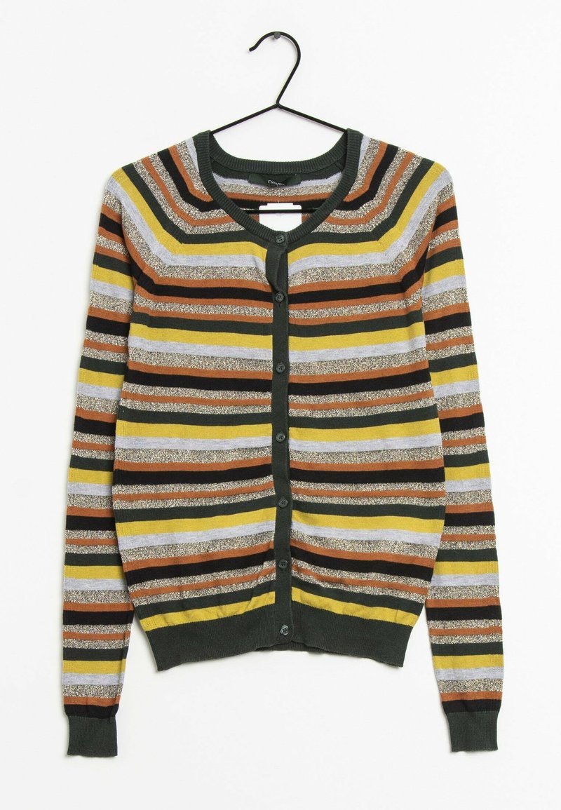 Cardigan a righe con colori verde, giallo, arancio, grigio e nero, con chiusura a bottoni e polsini e orlo a costine.