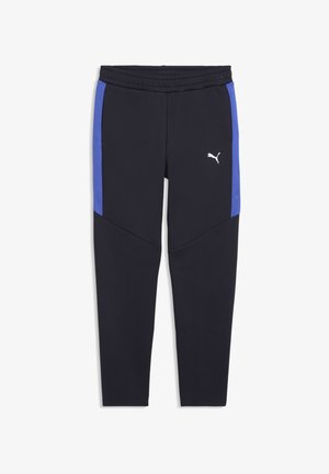 Fekete sportnadrág kék oldalsó panelekkel, rugalmas derékrésszel és fehér Puma logóval a jobb felső combon.