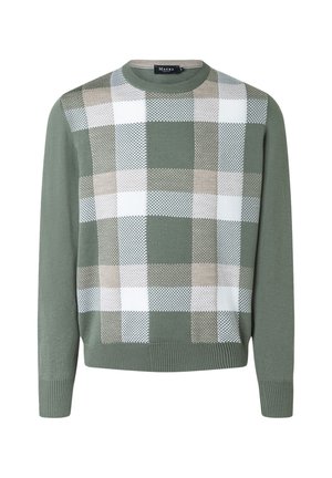 Groen trui met ronde hals met een groot beige-wit ruitpatroon op de voorkant, geribbelde boorden en zoom, lange mouwen.