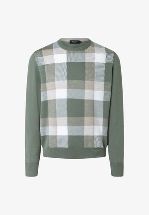 Pull vert à col rond avec un grand motif à carreaux beige et blanc sur le devant, poignets et ourlet côtelés, manches longues.