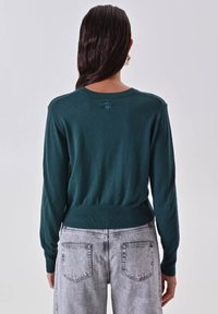 Dunkelgrüner gestrickter Pullover mit langen Ärmeln, runder Ausschnitt und schmalem Saum. Dezentes Logo-Detail auf der Rückseite, getragen mit hellgrauen Denim-Jeans.