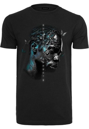 Black cotton t-shirt featuring a graphic print of a face with blue and gray tones, decorated with butterflies and text "BUTTERFLY EFFECT."