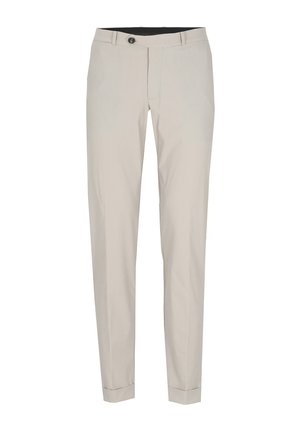 Pantaloni eleganti beige slim fit con vita abbottonata, tasche laterali e orli risvoltati.