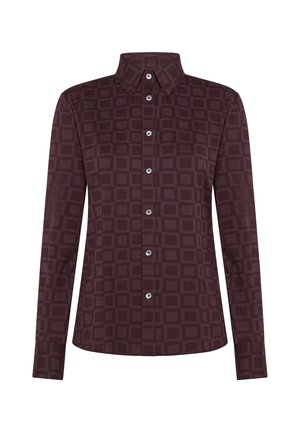 Camicia bordeaux a maniche lunghe con colletto, caratterizzata da un motivo geometrico a quadri e chiusura frontale con bottoni. Tessuto dalla texture liscia.