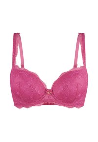 Lace beha in felroze met gevoerde cups, geschulpte randen en verstelbare schouderbanden. Heeft een centrale strikdetail en accenten in goudkleurig metaal.