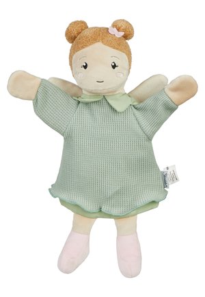 Soft doll with brown hair in two buns, wearing a green textured dress and pink shoes, smiling with arms outstretched.