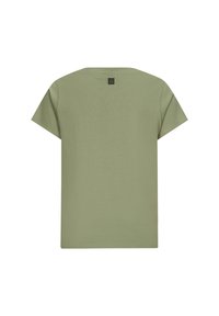 T-shirt verde oliva a maniche corte realizzato in cotone, con collo rotondo e una piccola etichetta con logo sul retro. Tessuto liscio e semplice.