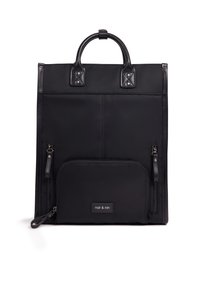 Black nylon tote bag with top handle, zippered front pocket, and decorative stitching; features logo tag on the pocket.
