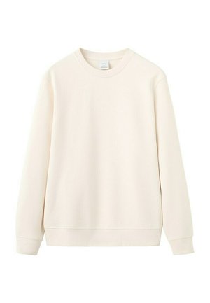 Kremna majica z dolgimi rokavi in okroglim izrezom, z rebrastimi manšetami in spodnjim robom, prikazana na enostavni beli podlagi.