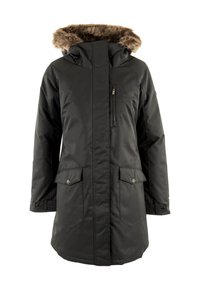 Parka noir avec capuche en fourrure, dotée d'une poche poitrine zippée, de deux poches avant à pression et de poignets réglables.