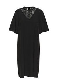 Schwarzes Kleid mit kurzen, ausgestellten Ärmeln, geripptem Textur, SpitzenDETAIL am Ausschnitt und V-Ausschnitt. Rückenschluss mit einer Schlaufe.