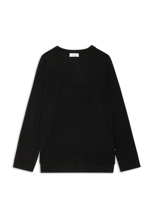 Czarny sweatshirt wykonany z miękkiego materiału, z okrągłym dekoltem, długimi rękawami i luźnym krojem z prostym dołem.