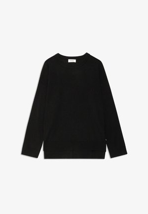 Crna dukserica od mekog materijala, s okruglim izrezom, dugim rukavima i opuštenim krojem s ravnim donjim rubom.