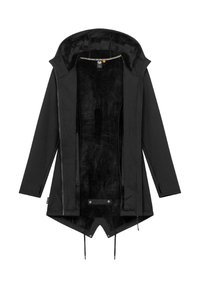 Black jacket with a hood, featuring a soft, black interior lining, angular hem, and drawstrings at the bottom for adjustable fit.