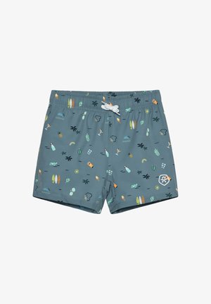 Bañador azul grisáceo con cordón blanco, con iconos coloridos de temática playera como tablas de surf, palmeras, tortugas, bebidas, helados y arcoíris.