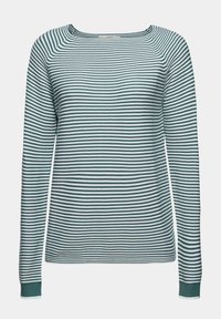 Pull en maille à manches longues avec de fines rayures horizontales vertes et blanches et un col légèrement arrondi.