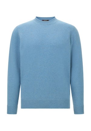 Gaiši zils vilnas džemperis ar apaļu kaklu, ribotiem apmales galiem un apakšu. Gluda tekstūra un brīvs piegriezums, ar smalku jaukta auduma rakstu.