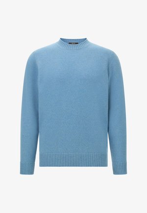 Gaiši zils vilnas džemperis ar apaļu kaklu, ribotiem apmales galiem un apakšu. Gluda tekstūra un brīvs piegriezums, ar smalku jaukta auduma rakstu.