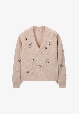 Beige knitted sweater with a v-neck, embellished with floral patterns of sequins and beads. Long, slightly puffed sleeves.