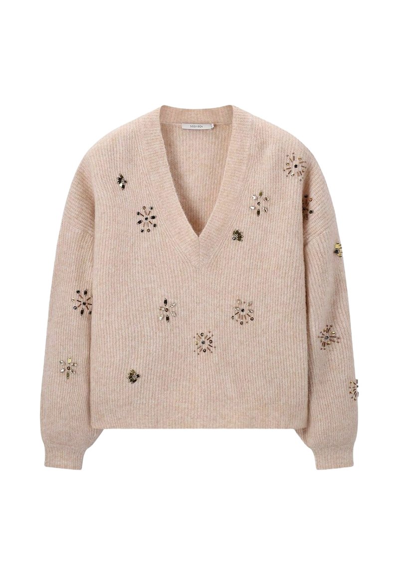 Beiger Strickpullover mit V-Ausschnitt, verziert mit floralen Mustern aus Pailletten und Perlen. Lange, leicht puffige Ärmel.