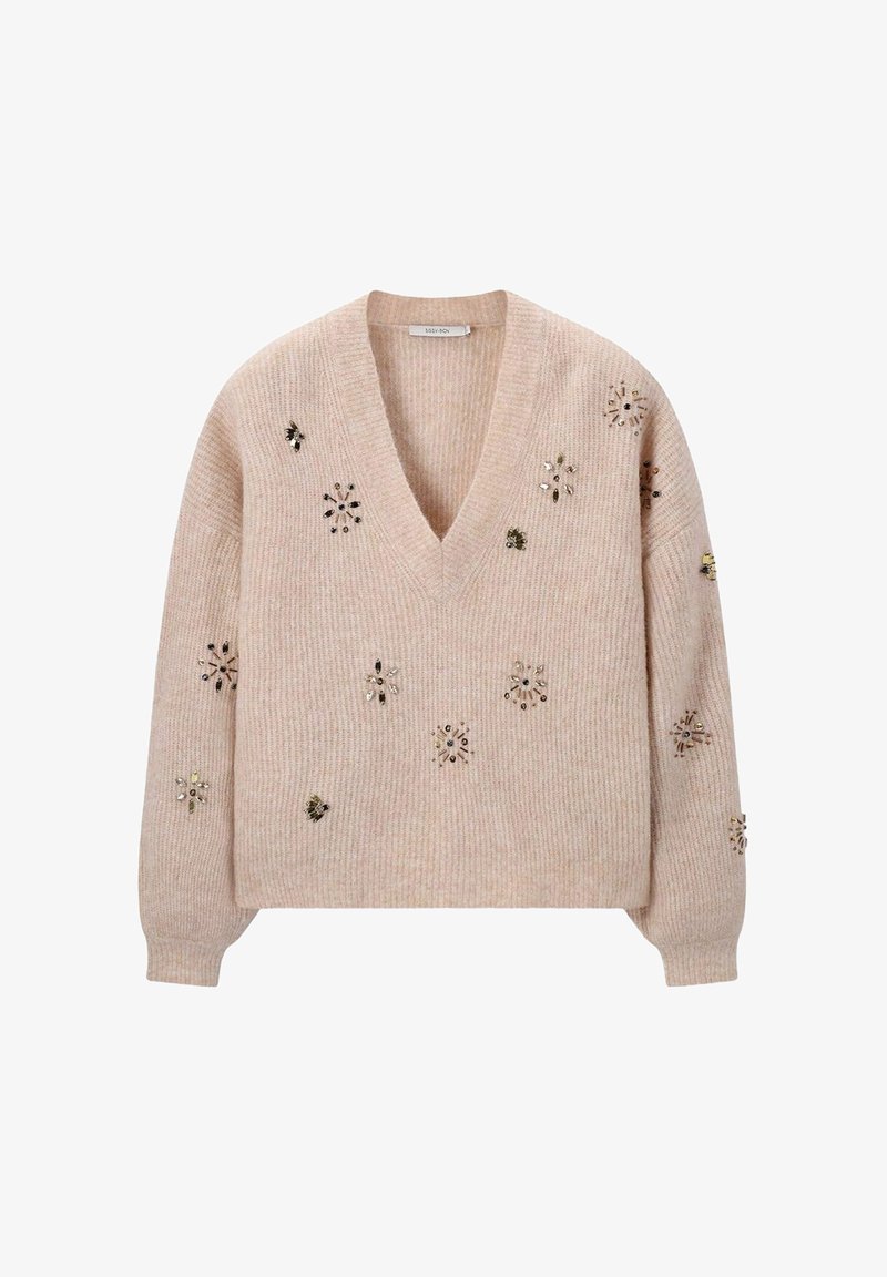 Beiger Strickpullover mit V-Ausschnitt, verziert mit floralen Mustern aus Pailletten und Perlen. Lange, leicht puffige Ärmel.